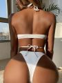 SHEIN Swim SXY Solid Bikini Set Ring Linked Halter Bra & Thong Bottom 2 Piece Bathing Suit