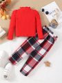 SHEIN Kids SUNSHNE New Arrival Toddler Girls' Bubble Sleeve Striped T-shirt And Grid Belted Straight Pants Set