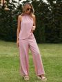 SHEIN VCAY Ladies' Solid Color Halter Top And Long Pants Two Piece Set