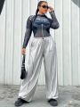 SHEIN Coolane Ladies' Plus Size Silver & Contrast Color Rolled Edge Weave Pants