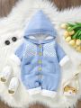 Baby Girl Geo Pattern Pocket Patched Hooded Teddy Lined Knit Bodysuit