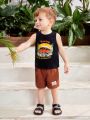 SHEIN Baby Boy Summer Coconut Tree & Car Letter Patterned Vest Top And Elastic Waist Shorts Set For Vacation