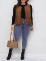 SHEIN CURVE+ Plus Fringe Trim Open Front Vest Jacket