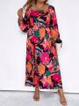 SHEIN LUNE Plus Size Full-length Floral Print Lantern Sleeve Vacation Style Dress