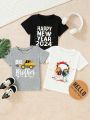 3pcs/Set Toddler Boys' Colorful Earphone & Letter & Cartoon Car Printed T-Shirts With New Year Slogan