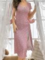 Women'S Heart Printed Lace Splice Slit Sleep Dress