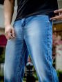 Men Bleach Wash Straight Leg Jeans