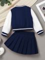 Girls' Fashionable Color Block Towel Embroidery Baseball Jacket And Pleated Skirt Set With Striped Ribbon Hair Clip