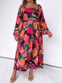 SHEIN LUNE Plus Size Full-length Floral Print Lantern Sleeve Vacation Style Dress