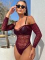 1pc Off-shoulder Perspective Mesh Sexy Bodysuit