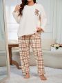 Bear Style Plush Sweater And Plaid Pants Set