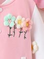 Young Girl Floral Patched Striped Trim Colorblock Varsity Jacket