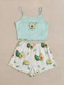 SHEIN Teen Girls' Avocado Patterned Camisole Top And Shorts Set For Home Wear