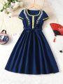 Tween Girls' Elegant Round Neck Short Sleeve Embroidered Long Dress With Color-Matching Waistband For Summer