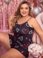 Letter Heart Print Plus Size Women's Pajama Set With Cami Top And Shorts