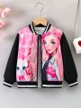 SHEIN Kids EVRYDAY Young Girl Figure Graphic Striped Trim Bomber Jacket Without Tee