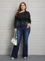 Women's Plus Size Button Closure Flared Denim Jeans With Slanted Pockets