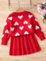 Girl'S Heart Pattern Sweater And Half Skirt Set With Round Neckline