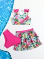 Little Girls' Flamingo & Tropical Flower Pattern Bikini Swimsuit With Bowknot Matching Half Skirt & Beachwear, Spring/Summer