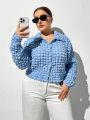 SHEIN Essnce Plus Size Women's Fashion Casual Spring And Summer Women's Clothing New Design Textured Fabric Blue Women's Long Sleeve Button-Up Shirt Top