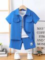 Boys' Solid Color Button Down Shirt With Letter Patches And Shorts Set