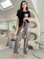 Women'S Contrast Color Floral Print Short Sleeve Pants Pajama Set