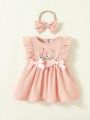 SHEIN Newborn Baby Girl Floral Embroidery Ruffle Trim Bow Front Dress With Headband