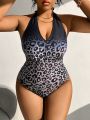 SHEIN Swim SXY Plus Size Women'S Leopard Print Halter One-Piece Swimsuit