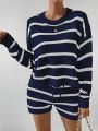 SHEIN Essnce Striped Pattern Drop Shoulder Sweater & Drawstring Waist Knit Shorts