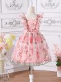 Young Girls' Elegant Floral Embroidery Mesh Dress With Ruffle Hem