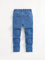 SHEIN Toddler Boys' Casual Slim Fit Mid-rise Rubber Printed Denim Pants