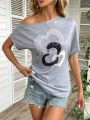 Women's Heart Print Batwing Short Sleeve Casual T-Shirt