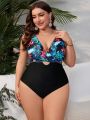 SHEIN Swim Vcay Women's Plus Size Patchwork Tropical Printed Hollow Out V-Neck One-Piece Swimsuit