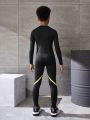 Male Teenagers Black Suit With Yellow Printed Strips, Elastic, Skin-friendly, Comfortable, Sweat-absorbent And Breathable Sportswear