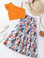 2pcs/Set Teen Girls' Asymmetric Neck Top With Plant Print Long Skirt For Holiday