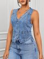 SHEIN ICON Ladies' Single-Breasted Sleeveless Denim Shirt