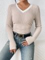 SHEIN Frenchy Women'S Knitted V-Neck Long Sleeve Bodysuit