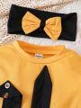 Baby Girls' Ruffle Sleeve Top And Pants Set With Bow Decorations, Including Headband