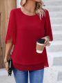 Round Neck Semi-Transparent Fabric Color Block Puff Sleeve Shirt