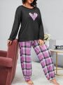 Plus Size Round Neck Long Sleeve T-Shirt And Plaid Pants Pajama Set