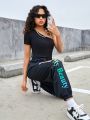 Teen Girls' Knit Solid Color One Shoulder T-Shirt And Letter Print Sweatpants Set