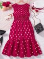 Teenage Girls' Polka Dot Print Sleeveless V-Neck Gathered Waist Dress