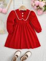 SHEIN Kids Nujoom Young Girl Contrast Binding Button Front Lantern Sleeve Dress