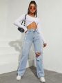 SHEIN High Waist Ripped Straight Leg Jeans