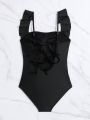 One Piece Solid Swimsuit With Ruffle Trim