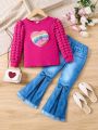 Young Girl Heart Print Puff Sleeve Tee & Bow Front Raw Cut Flare Leg Jeans