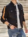 Men Splash Ink Print Contrast Tape Flap Pocket Denim Jacket