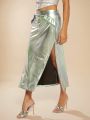 Asavvy Zipper Split Thigh Metallic Skirt