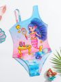 Little Girls' Cartoon Printed Mesh Splice One Piece Swimsuit