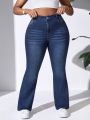 SHEIN Essnce Plus Size Women's Casual Mid-Rise Slim Fit Denim Bell-Bottoms With Embroidery Back Pockets